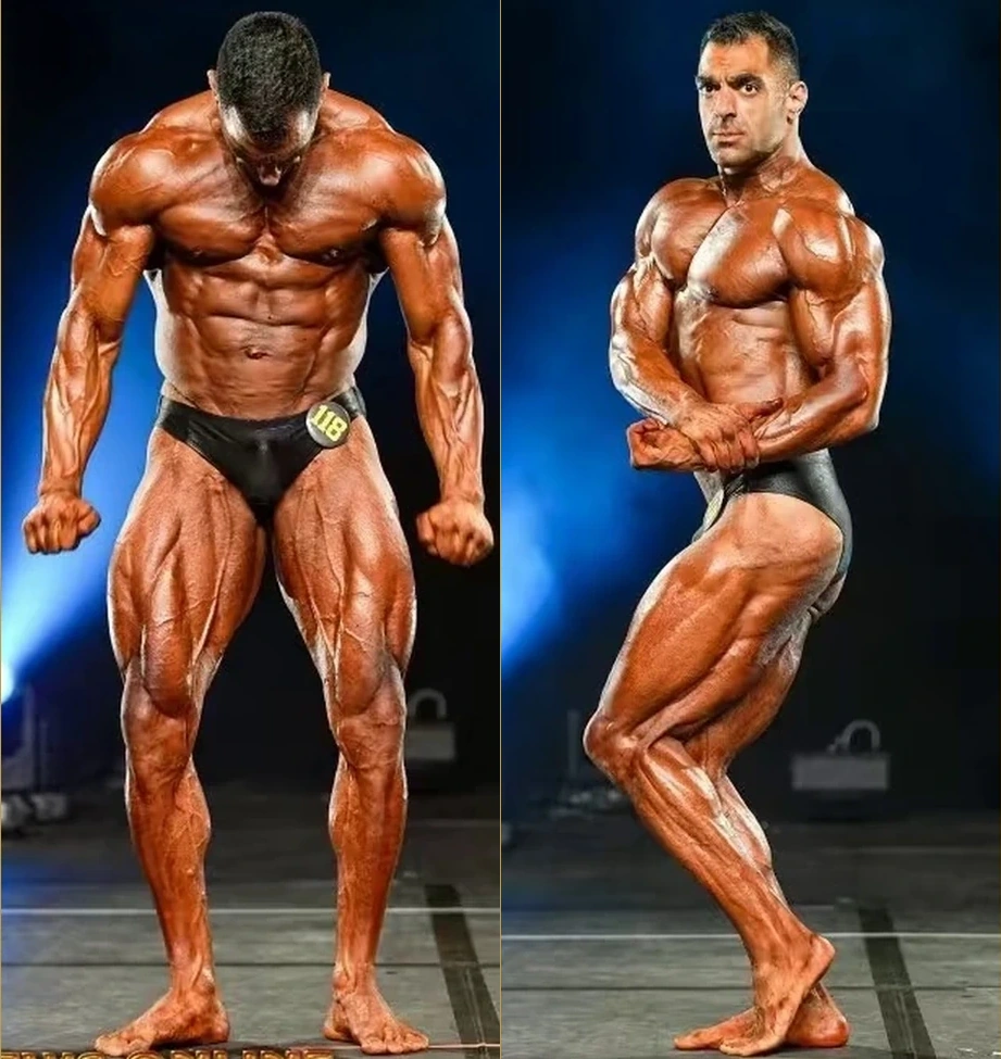 Two stage photos side by side: front-facing stance on the left and side-chest pose on the right. Photography: NPC News Online.